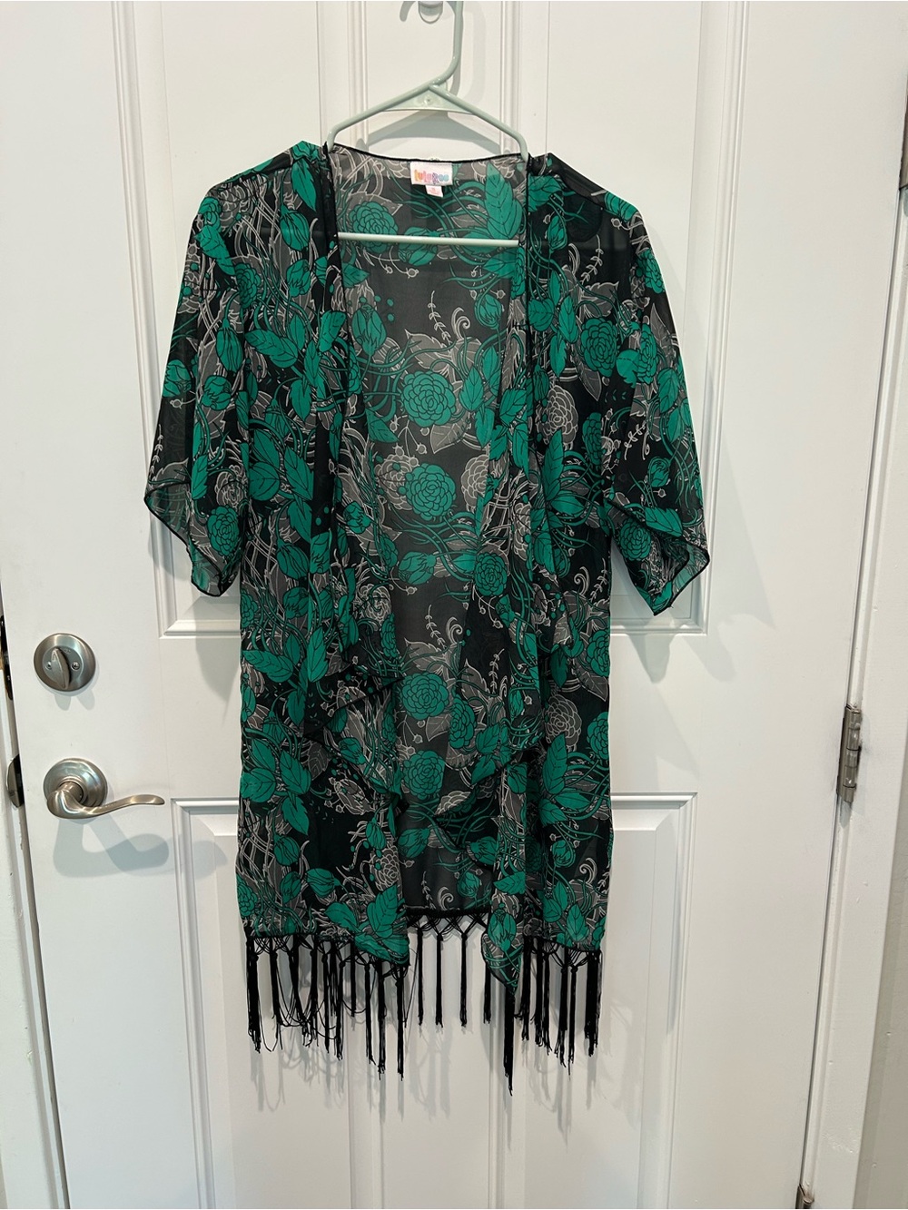 LuLaRoe Monroe Black and Green Floral Open Kimono